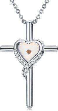 wholesale 925 Sterling Silver Heart-Shaped Cross Pendant with Natural Mustard Seed and Cubic Zirconia - Christian Faith  for Women & Moms-Cross-C-Mustard Seed Cross C