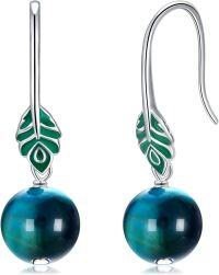 wholesale 925 Sterling Silver Birthstone Dangle Drop Earrings for Women Girls-Green Tiger Eye Beads