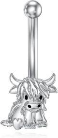 wholesale 925 Sterling Silver Gold & Sterling Silver Highland Cow Belly Ring with Evil Eye - 14G 12mm Navel Piercing, Hypoallergenic, Gift Box-0-0