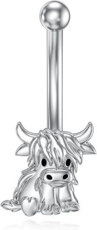 wholesale 925 Sterling Silver Gold & Sterling Silver Highland Cow Belly Ring with Evil Eye - 14G 12mm Navel Piercing, Hypoallergenic, Gift Box-Highland Cow
