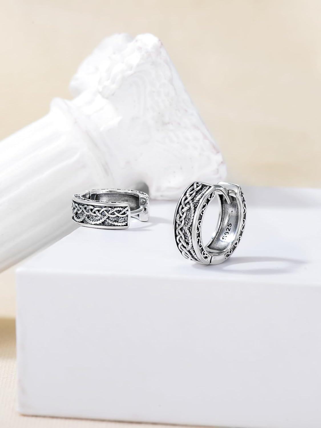Sterling Silver Viking Earrings Huggie Hoop with Stone Vintage Jewelry Gifts for Men Women Boys Girls-0-3