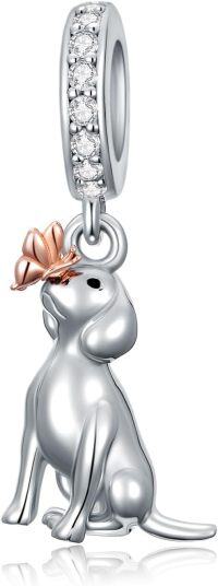 wholesale 925 Sterling Silver Rose Gold Flower Cat Charm Pendant for Bracelet Necklace  Women Girls Kids-Dog