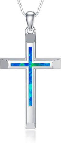 wholesale TOUPOP Blue Opal Cross Necklace 925 Sterling Silver Opal Cross Pendant Necklace Fashion Religious Faith Jewelry Gifts For Women Men -undefined
