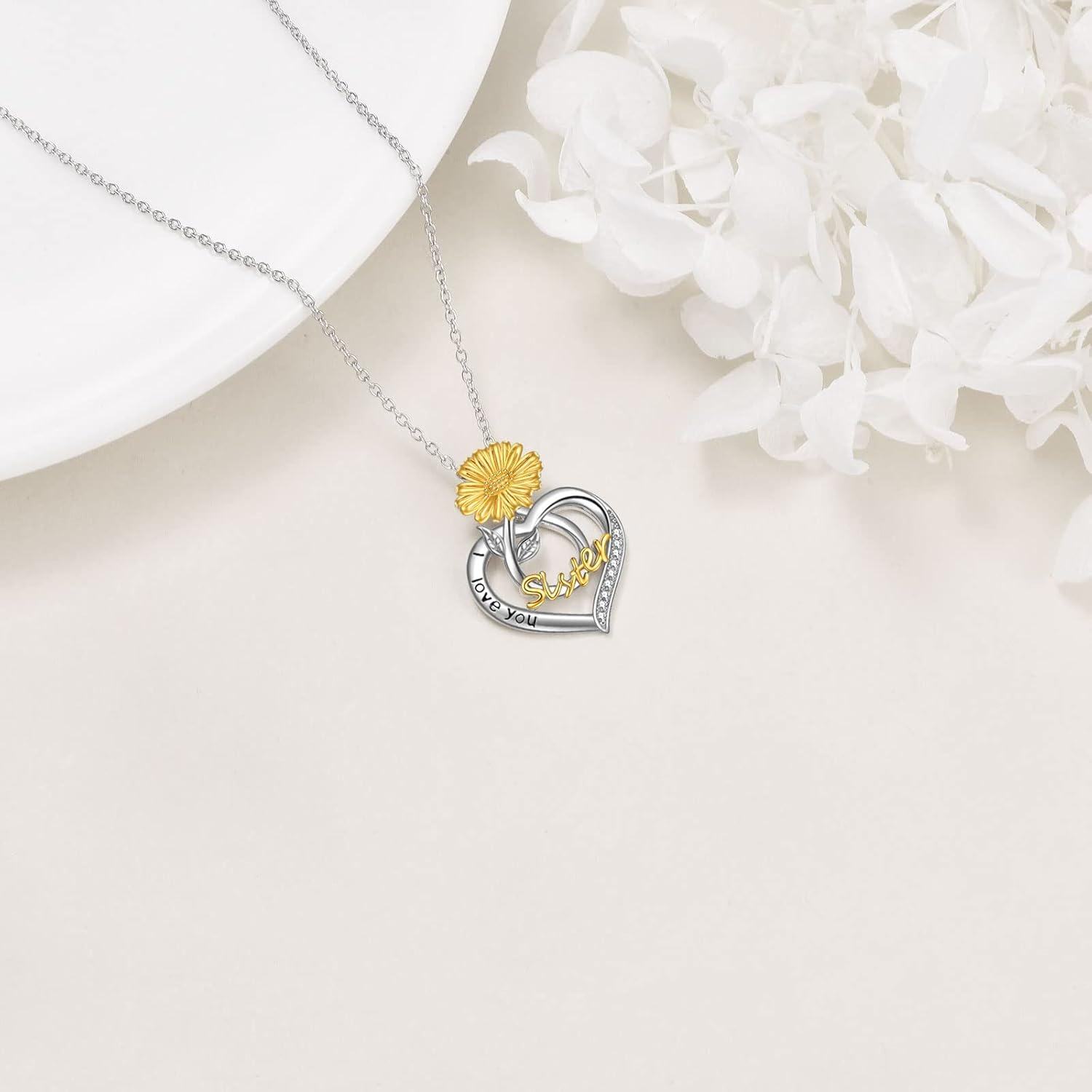  Sterling Silver Birth Flower Sister Necklace I Love You Sister Pendant Fashion Jewelry Gift for Women -0-5
