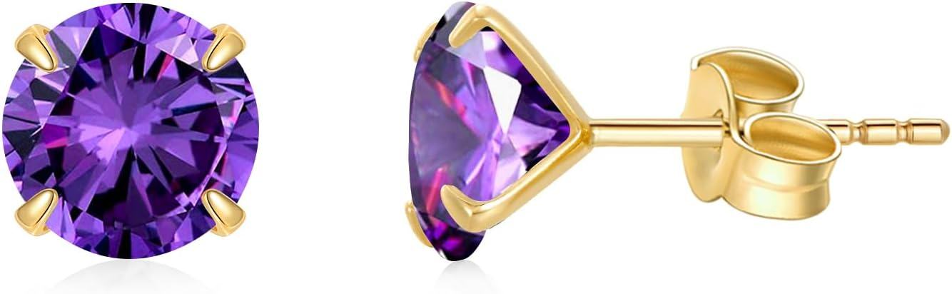 14K Yellow Gold Simulated Diamond Stud Earrings-2-February-Amethyst