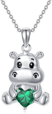 wholesale Sterling Silver Animal Birthstone Necklace Otter Axolotl Hippo Pendant Jewelry Gift for Women-05-May-Hippo