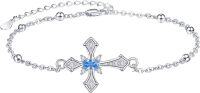 wholesale 925 Sterling Silver Blue Stone Cross Charm Bracelet - Religious Gifts for Her-Blue