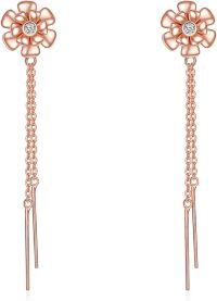 wholesale 925 Sterling Silver Rose Gold Plated Long Chain Tassel Flower Stud Earrings-Rose