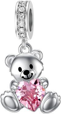 wholesale 925 Sterling Silver 12 Month Birthstone Teddy Bear Charms Bracelet Jewelry Gifts-Pink Crystal