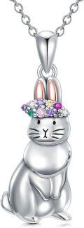 wholesale 925 Sterling Silver Rabbit Pendant Necklace with Colorful Stones - Cute Animal Charm s for Women and Girls-0-0