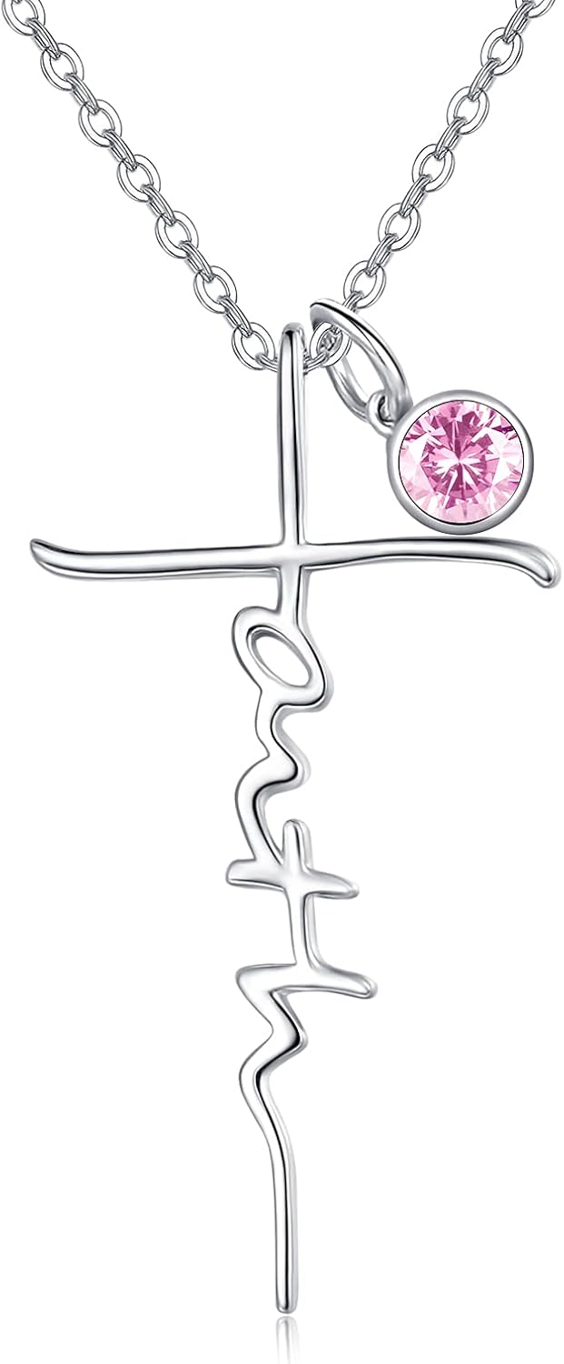 Sterling Silver Birthstone Faith Cross Pendant Necklace for Women-Pink-Pink