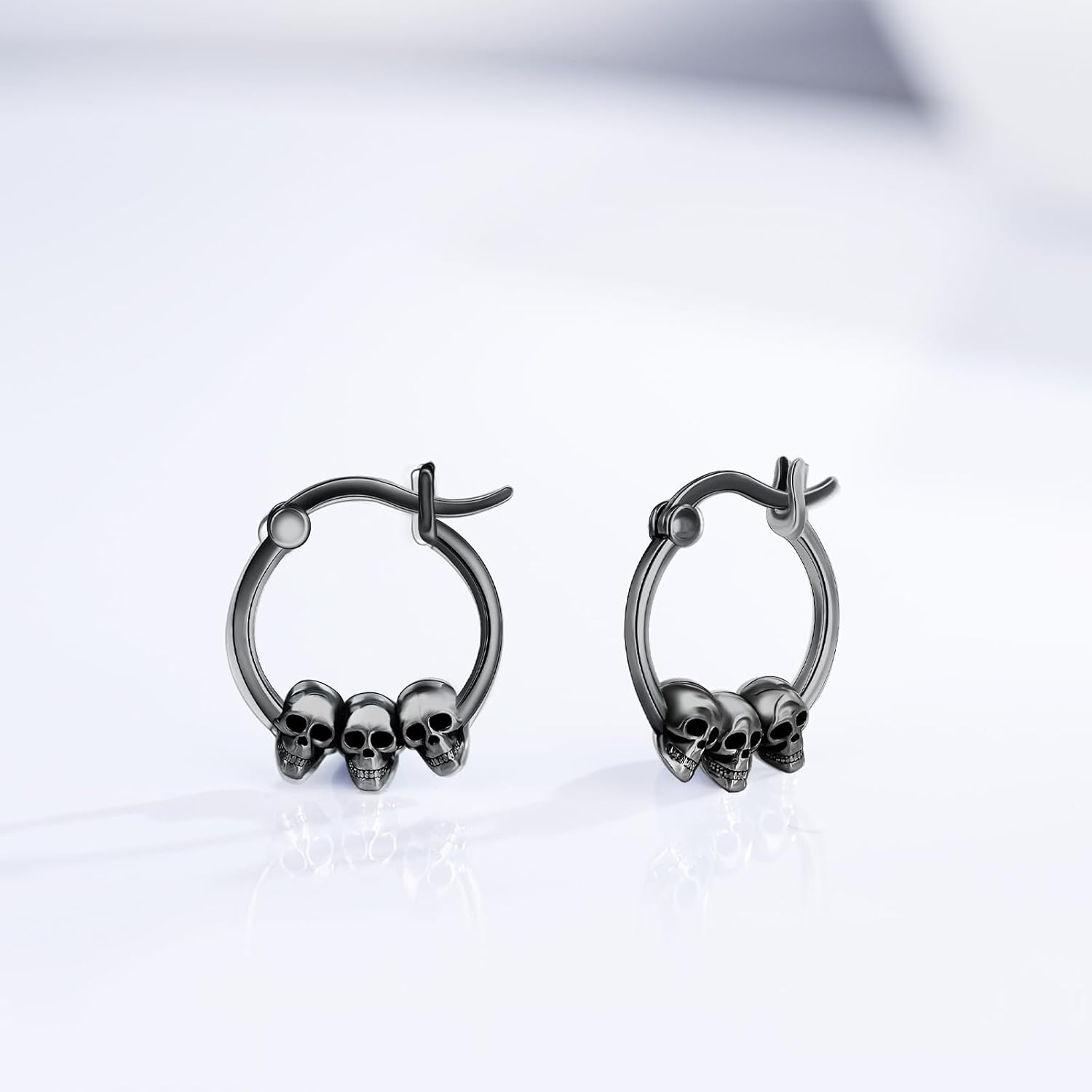 wholesale 925 Sterling Silver Black Skulls Gothic Huggie Hoop Earrings-0-2