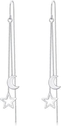 wholesale 925 Sterling Silver Moon & Star Drop Threader Earrings w/ Tassel Chain for Women and Teenagers - Hypoallergenic  Set-Moon Star A
