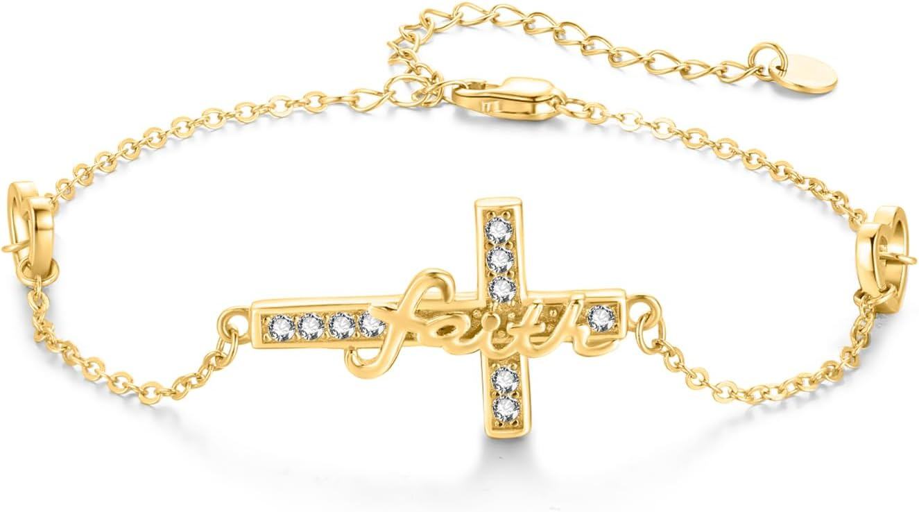 wholesale Gold 925 Sterling Silver Faith Cross Bracelet - Christian Religious Jewelry - Adjustable Length Confirmation Gift for Women & Girls-0-0