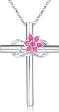 wholesale 925 Sterling Silver Pink Cherry Blossom Birth Month Flower Cross Pendant Necklace for Women Girls Gifts-0-0