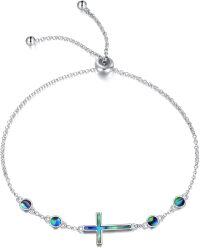 wholesale 925 Sterling Silver Green Shell Inlay Sideways Cross Adjustable Bolo Bracelet for Women Girls Religious s-Simple abalone cross bracelet