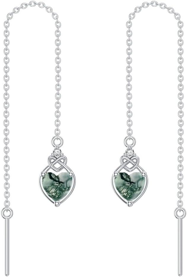 Sterling Silver Celtic Knot Heart Threader Earrings w 12 Birthstones-Moss Agate