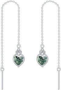 wholesale 925 Sterling Silver Celtic Knot Heart Threader Earrings w 12 Birthstones-Moss Agate