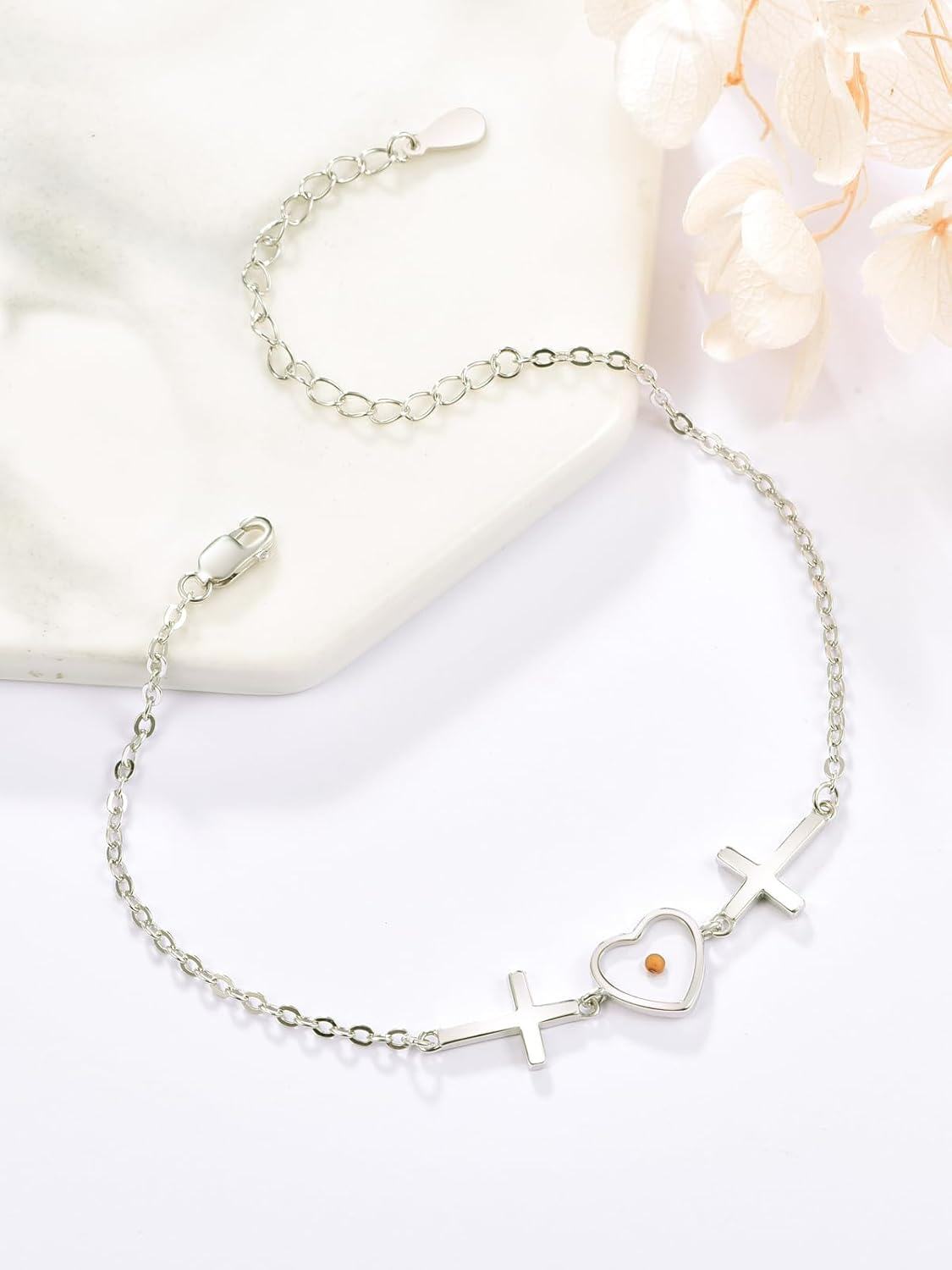 wholesale 925 Sterling Silver Yellow Stone Heart & Cross Charm Bracelet for Women-0-1