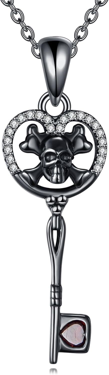 Sterling Silver Skull Bat Key Wings Goth Pendant Necklace for Women-Skull Key