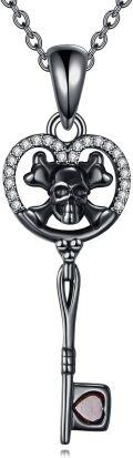 wholesale 925 Sterling Silver Gothic Skull and Crossbones Key with Garnet Stone Pendant Necklace for Women-0-0