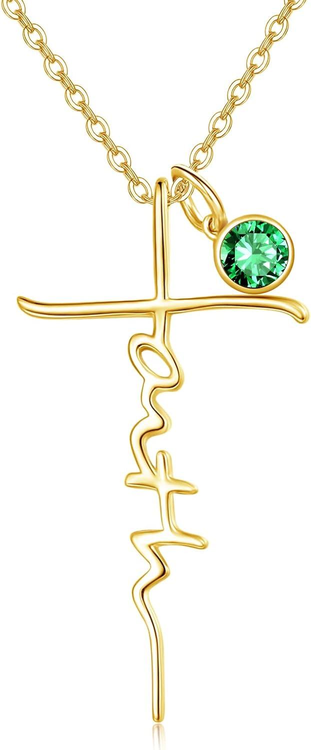 Sterling Silver Birthstone Faith Cross Pendant Necklace for Women-Gold-Emerald-Gold-Emerald