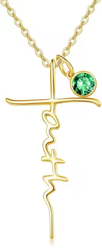wholesale Sterling Silver Birthstone Faith Cross Pendant Necklace for Women-Gold-Emerald-Gold-Emerald