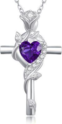 wholesale Sterling Silver Rose Cross Pendant Necklace for Women-White Gold-2-Amethyst-White Gold-2-Amethyst