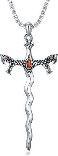 wholesale 925 Sterling Silver Dragon Sword Cross Pendant Necklace with Orange Stone & Chain (45 cm)-Snake Sword