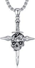 wholesale 925 Sterling Silver Gothic Skull Sword Cross Pendant Necklace  for Women and Men-0-0
