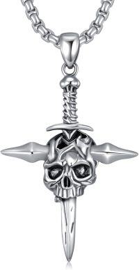 wholesale 925 Sterling Silver Gothic Skull Sword Cross Pendant Necklace  for Women and Men-Skull and Sword