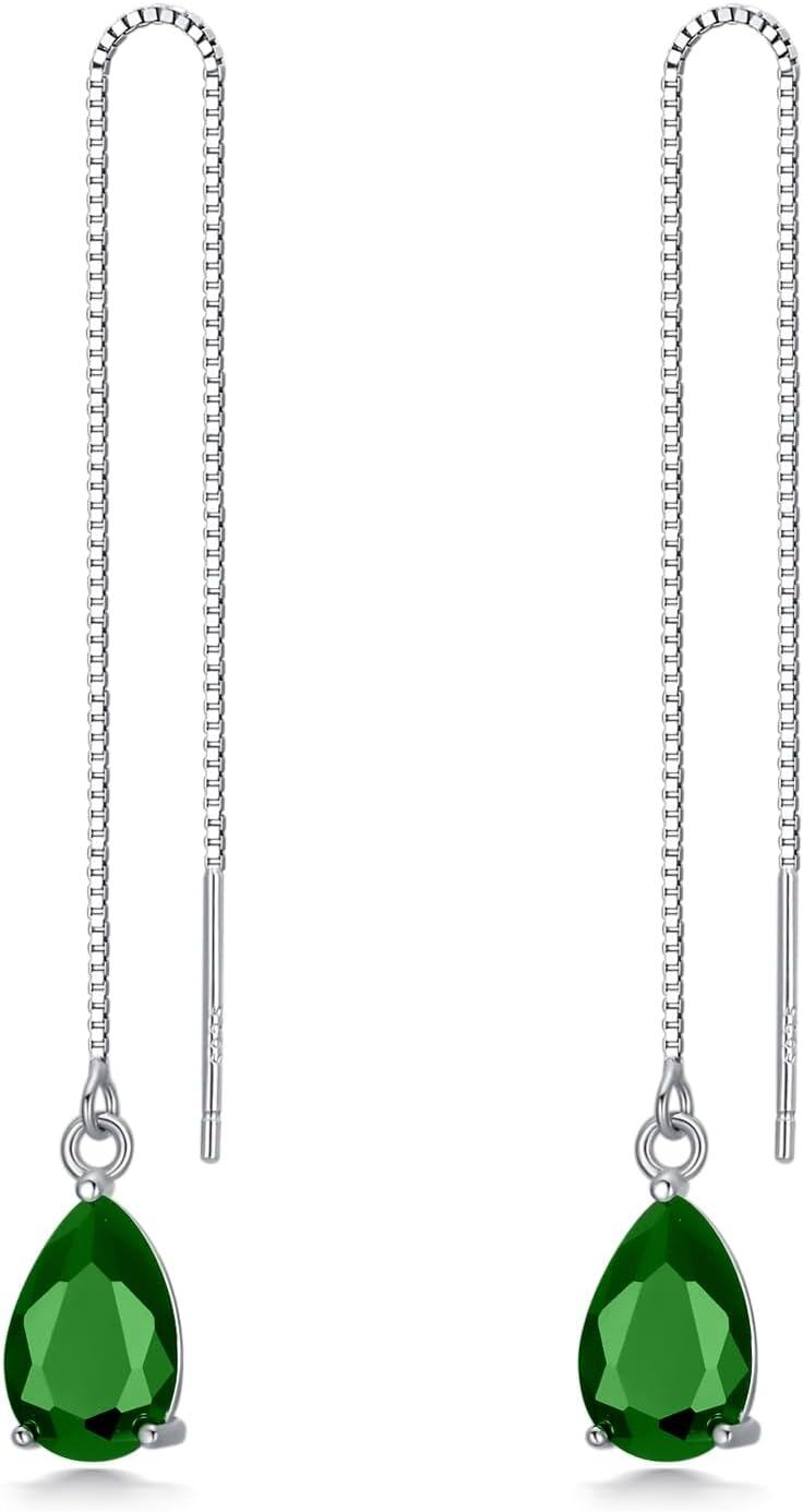 Sterling Silver Birthstone Crystal 11 8mm Threader Drop Long Chain Earrings-Dark Green