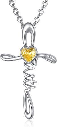 wholesale Sterling Silver Simulated Gemstone Faith Cross Birthstone Necklace for Women Christian Gifts-11-Citrine