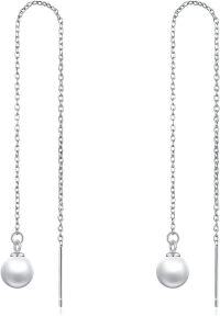 wholesale 14k/18k Solid Gold Long Threader Earrings with Pearl Dangle Ear Line s-14k white gold pearl earrings