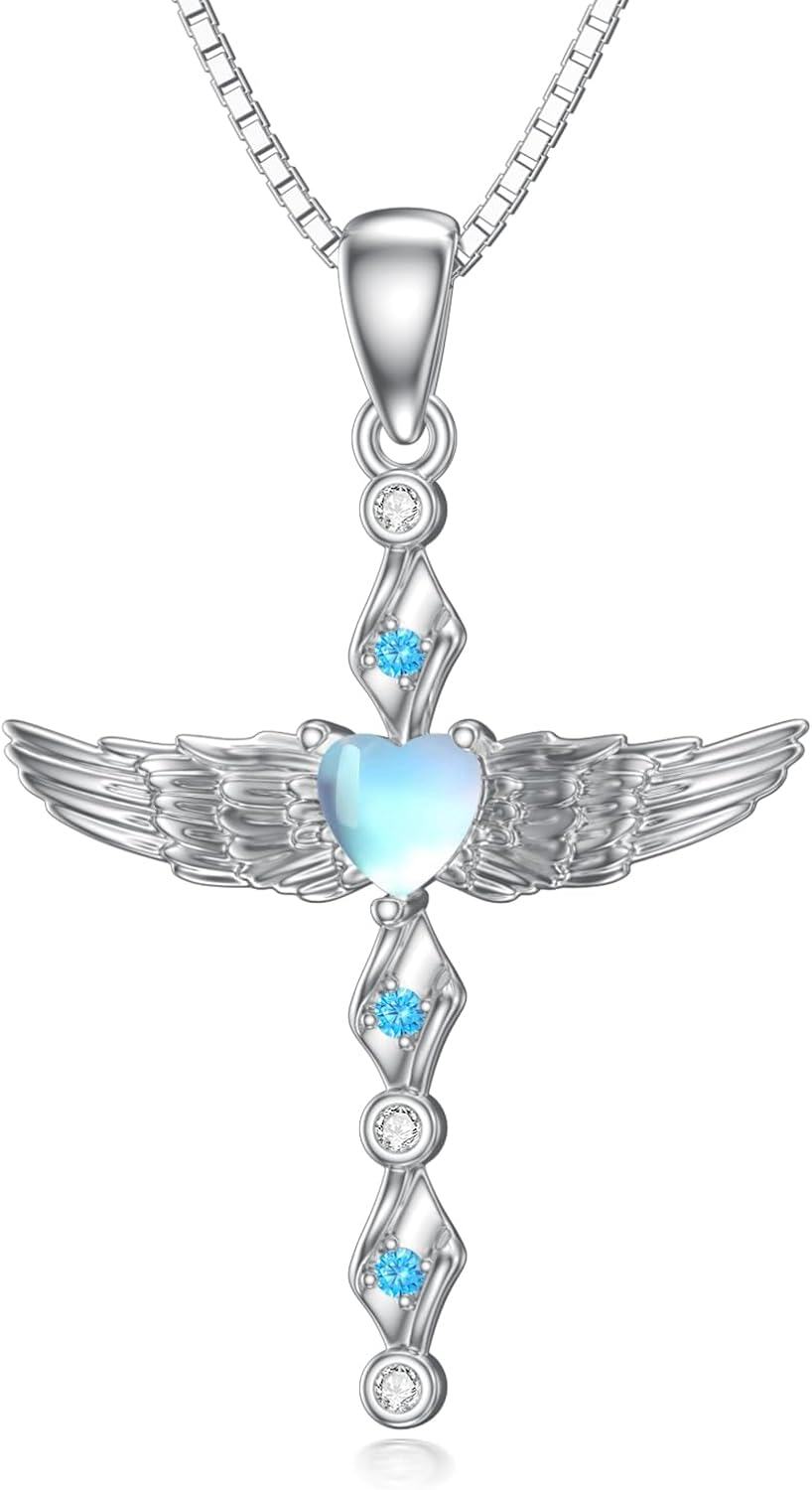 Sterling Silver Angel Wings Cross Necklace with Moonstone Turquoise for Women-0-1