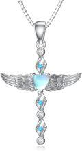 wholesale 925 Sterling Silver Heart Angel Wing Pendant Necklaces with Blue Opal and Crystal Accents for Women s-0-0