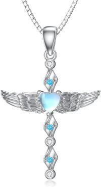 wholesale 925 Sterling Silver Heart Angel Wing Pendant Necklaces with Blue Opal and Crystal Accents for Women s-Moonstone Necklace