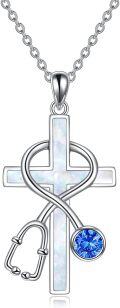 wholesale 925 Sterling Silver Cross with Stethoscope and Blue Crystal Pendant Necklace for Nurses-0-0