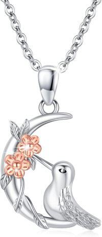 wholesale 925 Sterling Silver Moon Flower Bird Charm Pendant Necklace for Women Girls-Hummingbird Moon Necklace