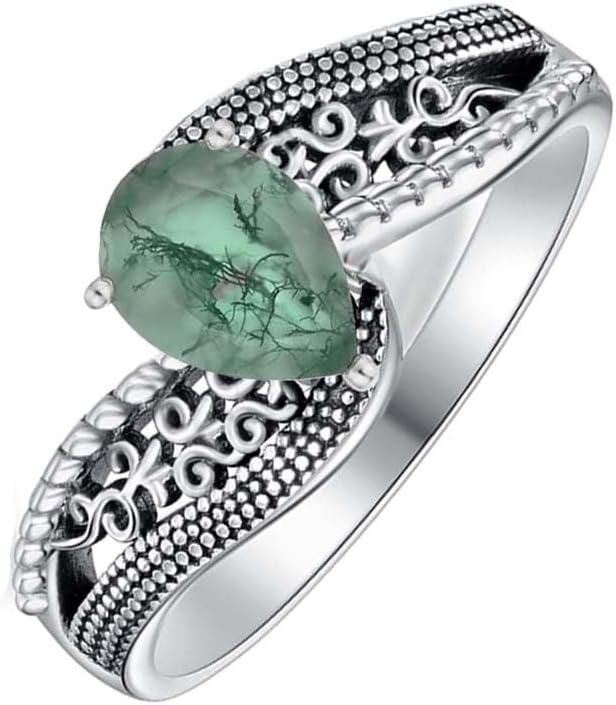 Sterling Silver Moss Agate Vintage Promise Ring Retro Oxidized Filigree-0-1