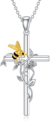 wholesale 925 Sterling Silver Bee and Flower Cross Pendant Necklace - Christian  for Women & Girls-Bee