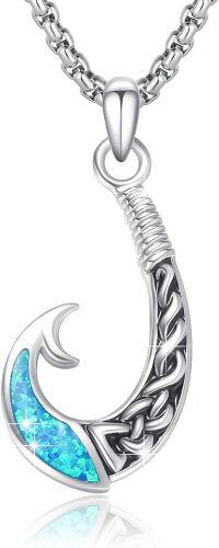 wholesale 925 Sterling Silver Blue Fire Opal & Turquoise Hawaiian Fish Hook Pendant Necklace  for Women/Men-Opal