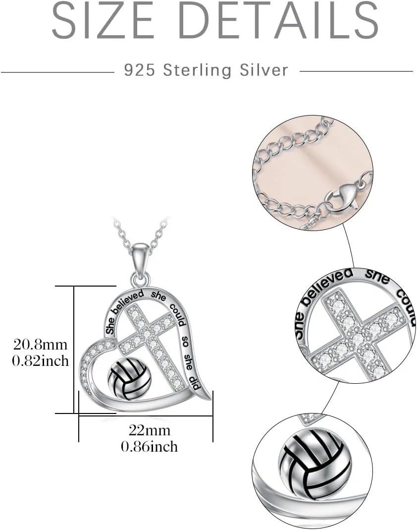wholesale 925 Sterling Silver Engraved Volleyball Heart Cross Pendant Necklace for Women-0-5