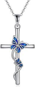 wholesale 925 Sterling Silver Cross with Blue Enamel Butterflies and Bees Pendant Necklace Christian Gift for Women Girls-0-0