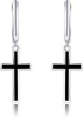 wholesale 925 Sterling Silver Black Enamel Cross Dangle Drop Leverback Earrings for Women and Girls-0-0