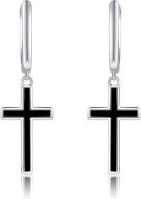 wholesale 925 Sterling Silver Black Enamel Cross Dangle Drop Leverback Earrings for Women and Girls-black onyx