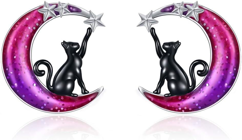  Sterling Silver Moon Cat Stud Earrings for Women Animal Earrings -0-0