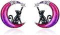 wholesale 925 Sterling Silver Black Cat on Crescent Moon Stud Earrings with Stars and Purple Glitter-0-0