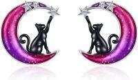 wholesale 925 Sterling Silver Black Cat on Crescent Moon Stud Earrings with Stars and Purple Glitter-Colorful Moon Black Cat