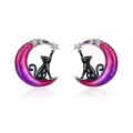 wholesale 925 Sterling Silver Black Cat on Crescent Moon Stud Earrings with Stars and Purple Glitter-0-0